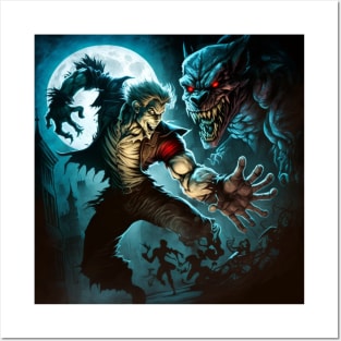Cartoon image of a vampire vs. a werewolf at full moon. Posters and Art